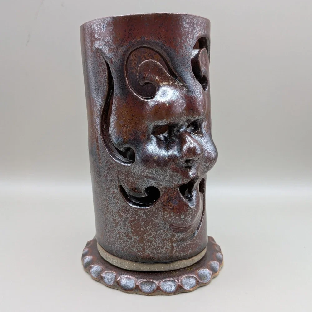 Artisan Studio Pottery Hand Carved Face Candle Luminary Brown Glaze 7